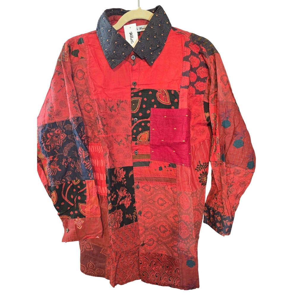 Boho Patchwork Red Button-Up Shirt